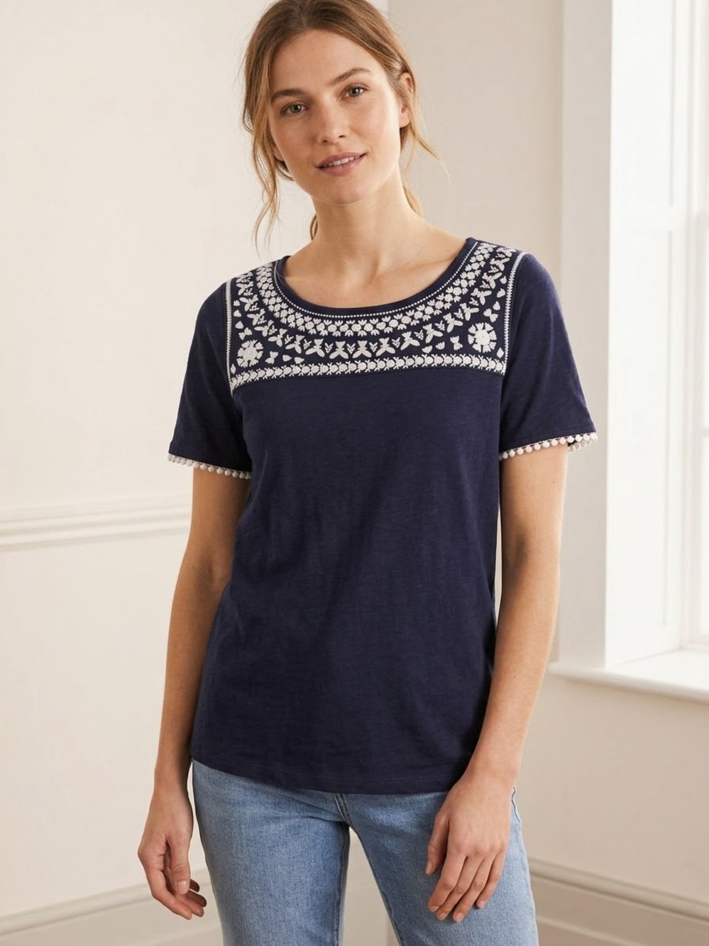Talbots Size XL Navy Blue Cotton Floral Embroidered Short Sleeve Top Tee Boho